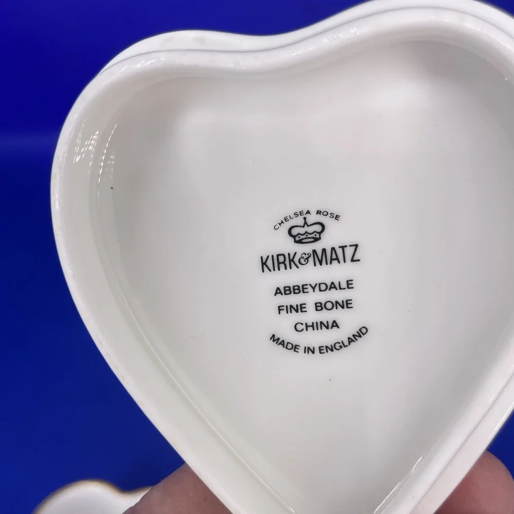 Set of 2 Heart Shaped Floral Kirk & Matz Bone China Trinket/Jewelry/Pill Boxes